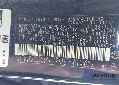 2018 Toyota Corolla Se from USA, damaged, VIN 2T1BURHEXJC023083